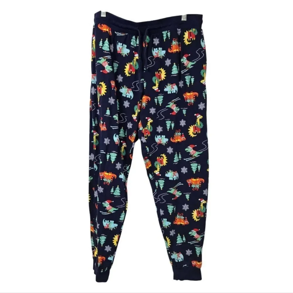Christmas Dinosaur Pajama Pants Women L Navy Holiday Dino Lounge Joggers Pockets